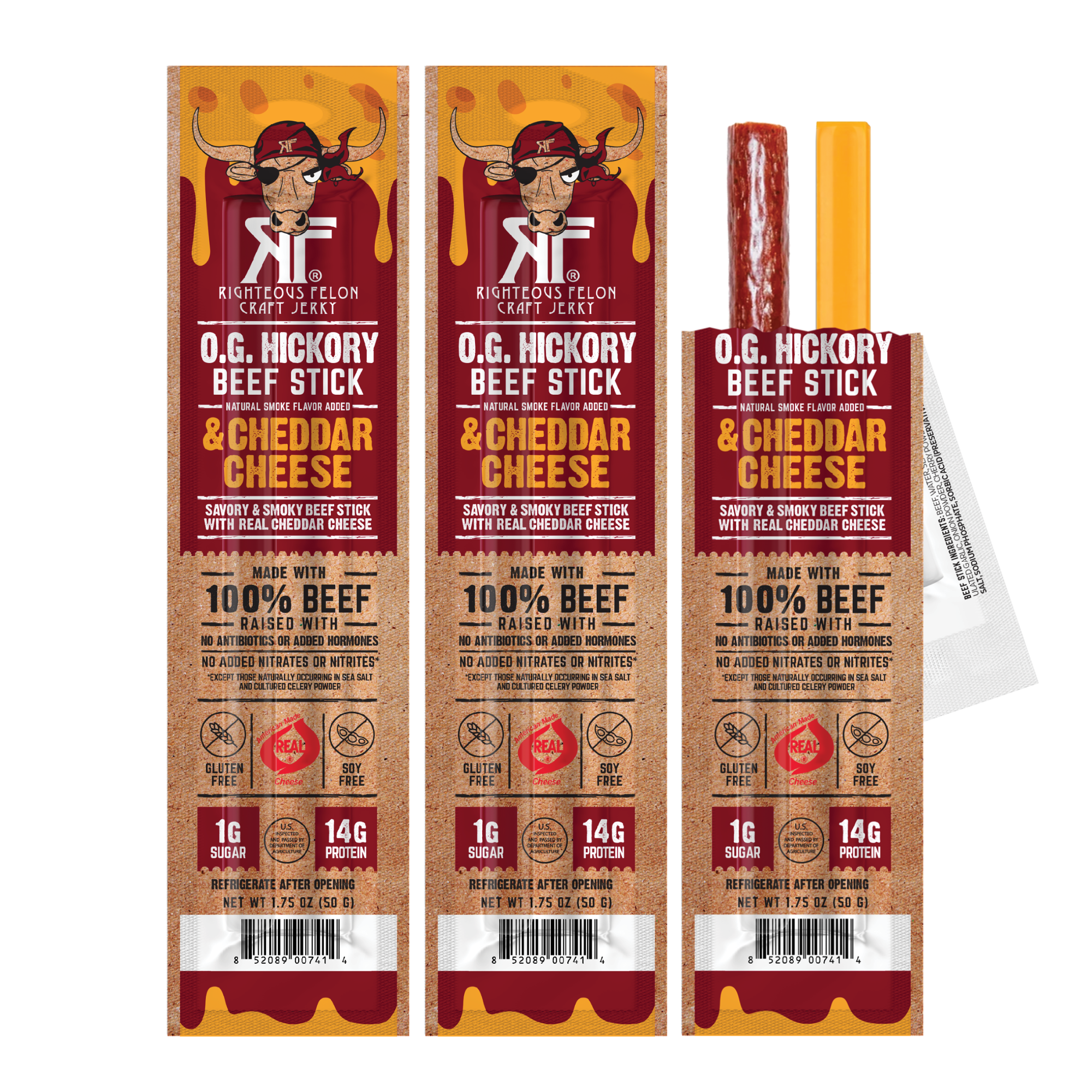 NEW Righteous Felon Beef & Cheese Sticks 3-Pack (1.75oz each) Q0